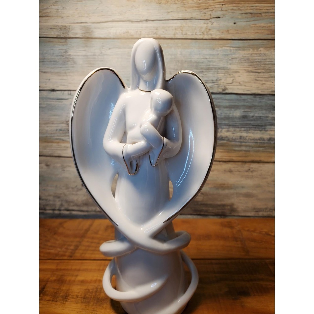 Angel with Child Porcelain Figurine White Gold Trim Religious Statue Decor‎